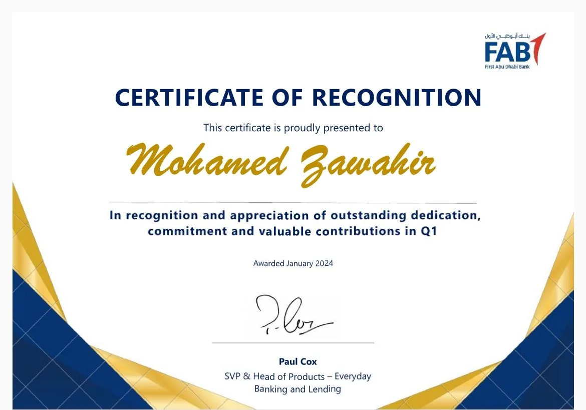 FAB Certificate of Recognition for outstanding contributions in Q1, awarded January 2024